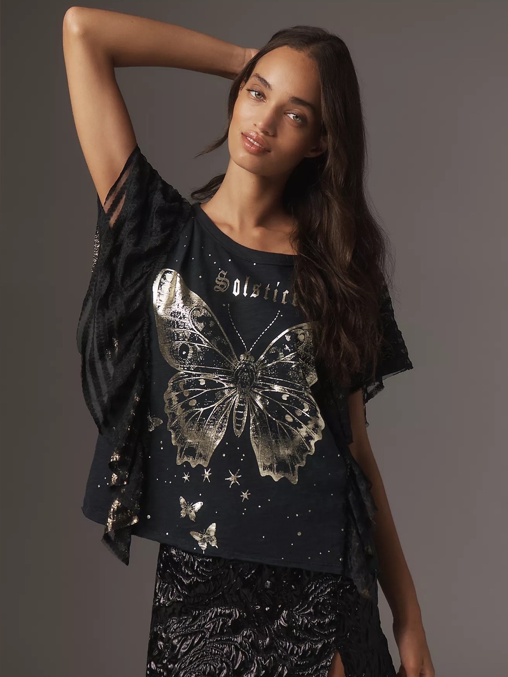 Pilcro Golden Hour Tee Black Gold Solstice Butterfly Ruffle Top XL NWT ($88)